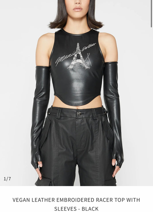 ECLOSET: Maniere De Vior VEGAN LEATHER EMBROIDERED RACER TOP